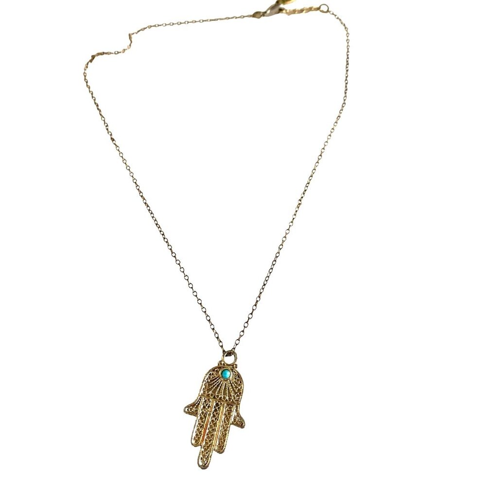 Gold Hamsa Hand Pendant Necklace Turquoise Accent On Delicate Chain Womens u